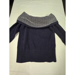 LOFT Womens Navy Blue Off The Shoulder Striped Neckline Cotton Blend Sweater M